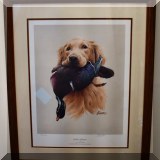 A13. James H. Killen framed signed limited edition golden retriever print. Frame: 29”h x 24”w